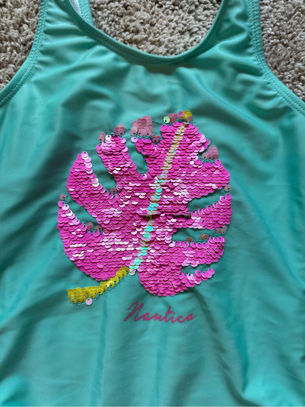Nautica Girls One Piece Swimsuit Teal Pink Sequin Palm Leaf Bathing Suit size 6 - Picture 3 of 8